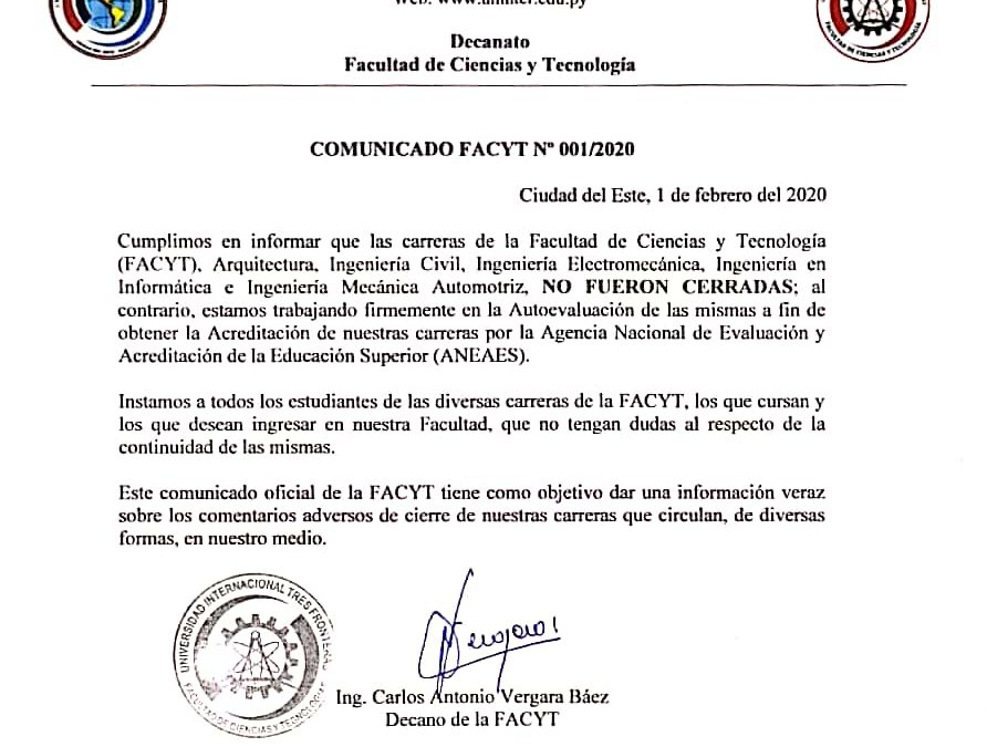 Comunicado de la Facultad de Ciencias y Tecnología (FACYT)